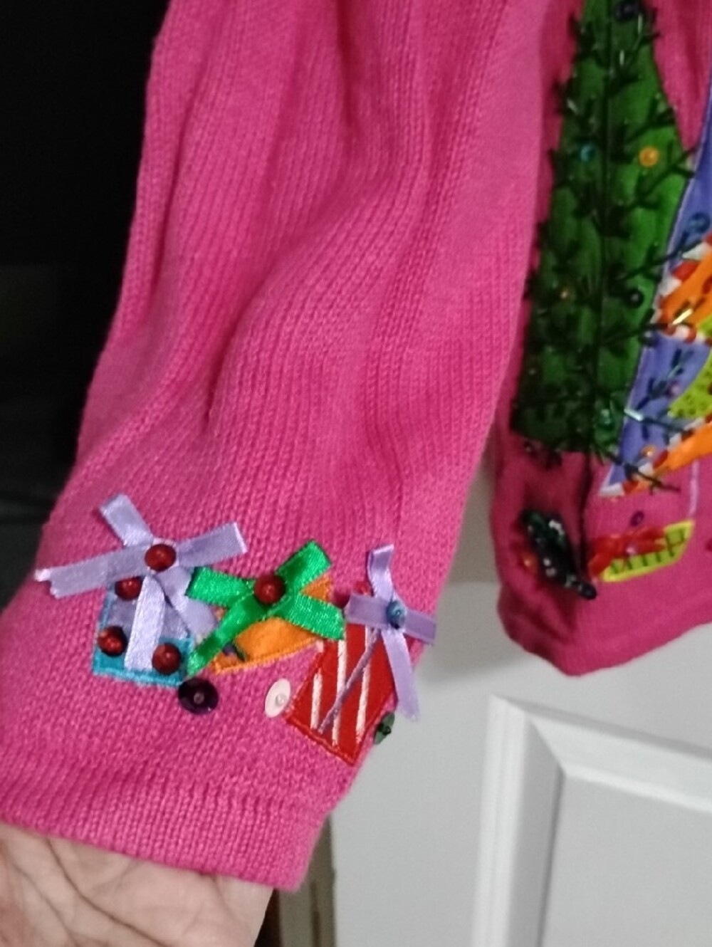 Carly St. Claire Bright Pink V-Neck Sequin Christmas Tree Sweater - Picture 6 of 9